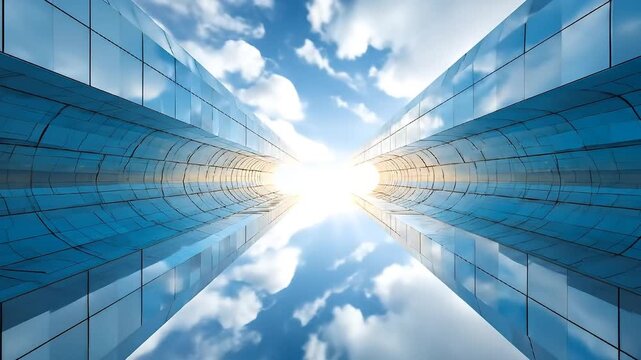 A symmetrical, low-angle view between two reflective blue glass skyscrapers converging towards a central, brilliant sun flare against a dynamic blue sky with white clouds. This tunnel perspective cre