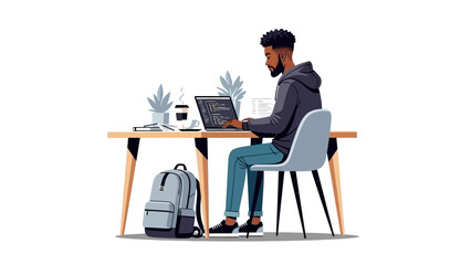 Young man working on laptop at desk, remote work and education