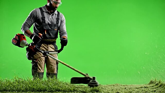 Dappled sunlight filters through the freshly cut grass with string trimmer trimming grass at effect videos Mission Cordless Power