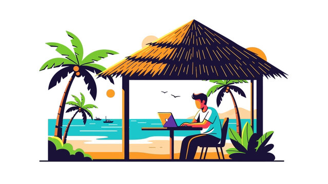 Man working remotely from a tropical beach paradise under a thatched hut, enjoying a digital nomad lifestyle