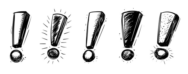 Black and white hand drawn exclamation marks in rough sketch illustration style.