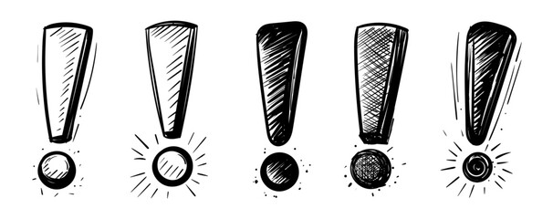 Hand drawn black and white exclamation mark symbols in expressive sketch style.