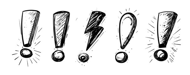 Expressive doodle style exclamation mark symbols in black and white.