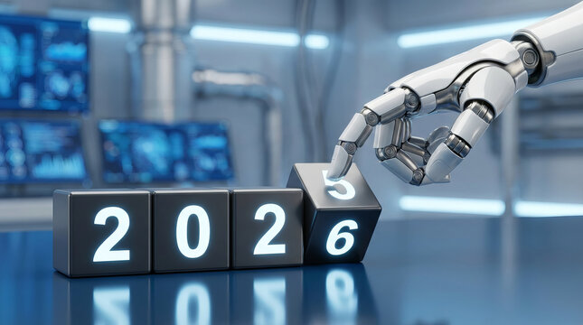 Future technology and progress. Robotic hand changing year block from 2025 to 2026 in a modern data center, symbolizing innovation. - Powered by Adobe