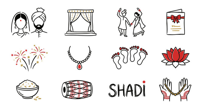 Hand drawn indian wedding couple vector doodle set with bride groom dancing mandap and shadi symbols like lotus fireworks and jewelry in sketch outline style illustration