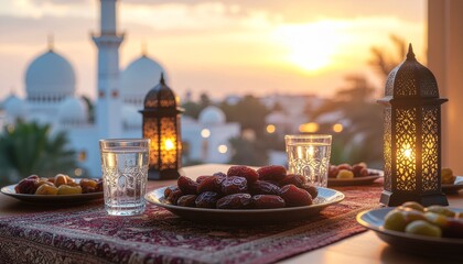 Traditional Ramadan iftar table with dates, water, lantern, simple Islamic decor, warm lighting, cozy home environment, realistic food photograph