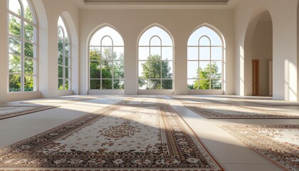 Peaceful mosque interior with soft natural sunlight entering through large windows, clean prayer hall, patterned prayer rugs, minimal Islamic architecture