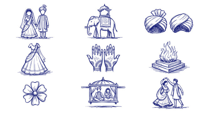 Hand drawn Indian wedding couple and elements vector sketch set. Blue ink doodle of bride groom elephant and rituals isolated on white.