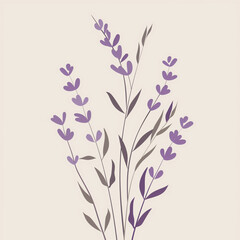 Minimalist lavender bouquet illustration with soft purple tones, elegant botanical artwork on light background for wellness, beauty, packaging and decor