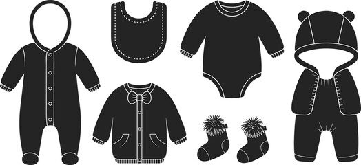Baby clothes silhouette vector, hooded onesie, bib, bodysuit, cardigan, socks, bear outfit, infant apparel icons, nursery fashion illustration, black design