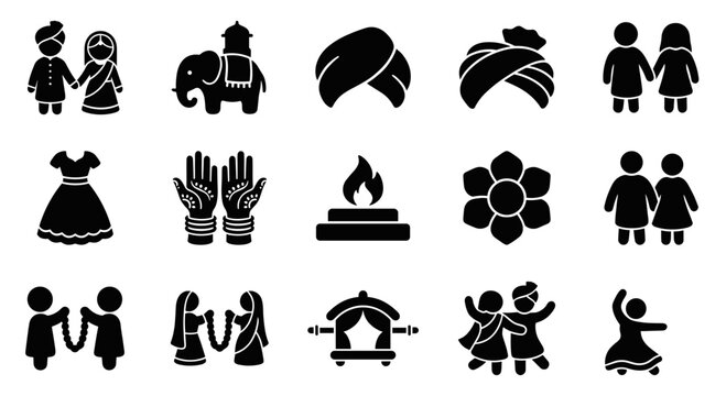 Indian wedding couple and traditional marriage ceremony symbols vector icon set. Black silhouette pictograms of bride, groom, elephant, rituals, and celebration objects isolated.