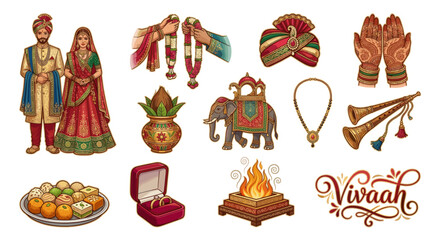 Traditional Indian wedding couple and cultural ceremony elements vector illustration set. Colorful drawings of bride, groom, rituals, jewelry, food, and instruments for invitation.