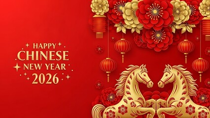 Chinese New Year 2026 greeting card with golden horses and red flowers happy chinese new year red background