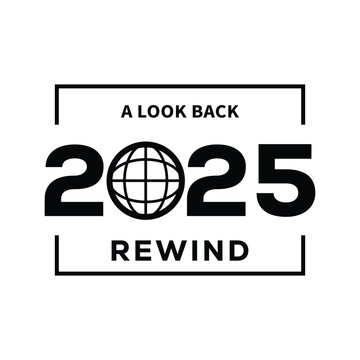 Minimal black and white &ldquo;2025 Rewind &ndash; A Look Back&rdquo; typography design with bold year text framed by simple lines, modern template for year in review videos, social media posts, blogs and recap present