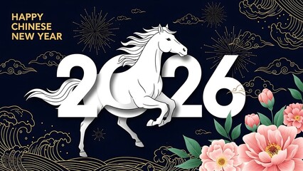Chinese New Year 2026 white horse with pink flowers and fireworks on dark blue background