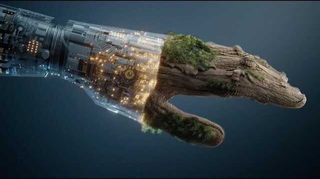 Conceptual human hand split in half: one side transparent digital glass with glowing circuits, the other side made of ancient wood, bark, and moss. 3D illustration of symbiosis