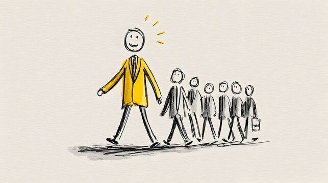 Business character leading others while walking ahead