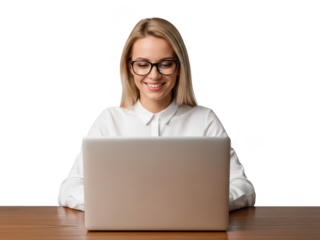 Smiling businesswoman working on laptop isolated on transparent background