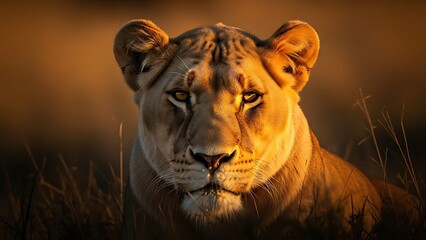 Lioness emerging from shadows into golden sunset light

