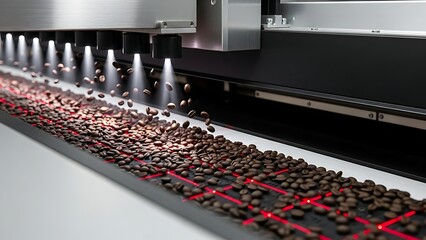 Automated sorting machine efficiently categorizes coffee beans on a production line with red grid conveyor belt