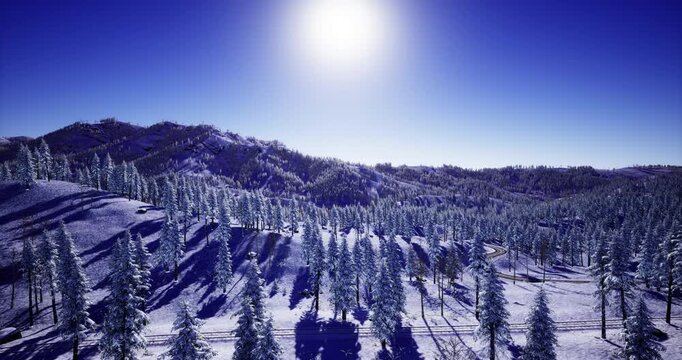 Snow blankets rolling hills under a clear blue sky, with vibrant sun rays reflecting off the frosty trees. A serene winter wonderland invites exploration and tranquility.