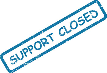 Prominent blue distressed rubber stamp displays the clear message SUPPORT CLOSED positioned diagonally on a plain white background