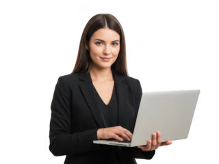 Professional businesswoman holding laptop isolated on transparent background