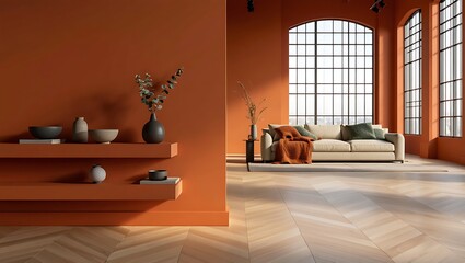 Modern living room interior with orange walls and large windows
