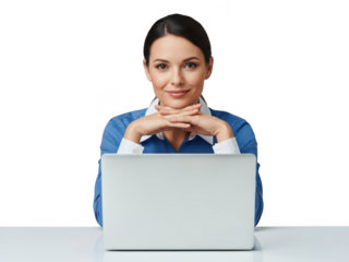 Businesswoman working on laptop isolated on transparent background