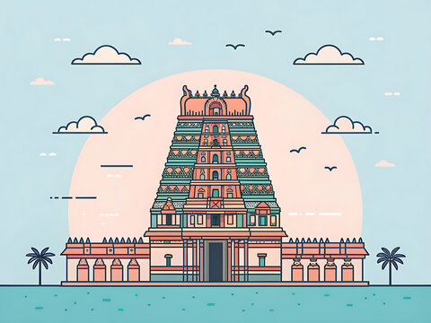 Meenakshi Temple gopuram, simplified vector patterns, pastel sky background