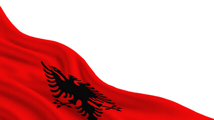A flag displays the red background with a black double-headed eagle. The fabric moves gently in the wind, showcasing national symbols. This flag represents Albania and its heritage.