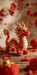 Fototapeta premium Vibrant red dragon figurine with gold accents on wooden table