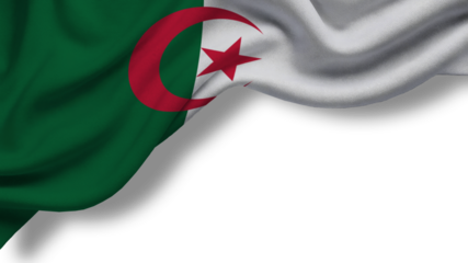 The flag of Algeria shows green and white colors with a crescent and star. The fabric appears to be waving gently, reflecting light