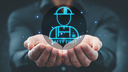 Safety First Construction Concept with digital worker icon and industrial protection symbol.