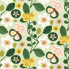 Seamless floral vector pattern with stylized spring flowers, leaves and butterflies in soft green palette, playful botanical background for fabric, wallpaper and packaging