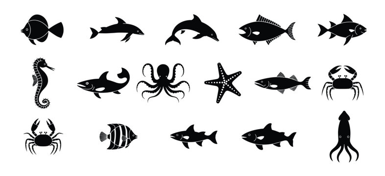 Marine animals silhouette icon set, ocean wildlife fish dolphin octopus crab starfish vector collection for logo, web, print design