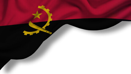 The flag of Angola billowing in the wind. The flag features red, black, and yellow colors, with distinct symbols representing the nation.