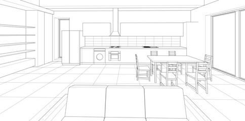 interior kitchen living room 3d illustration	
