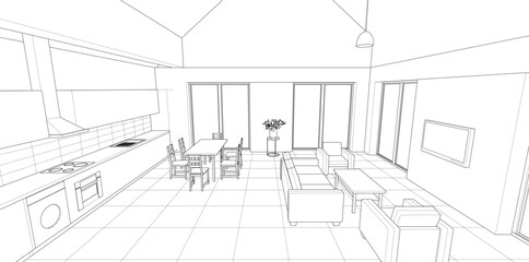 interior kitchen living room 3d illustration	
