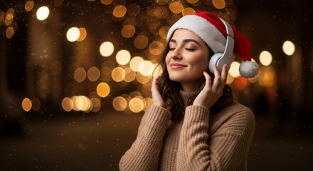 Relaxed woman in Santa hat enjoying music at night