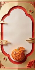 Vibrant orange paper cutout peach on decorative red and gold background