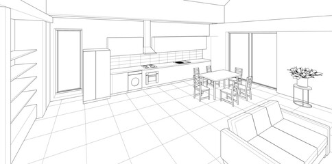 interior kitchen living room 3d illustration	
