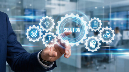 Fototapeta premium Businessman touches futuristic gear interface with 