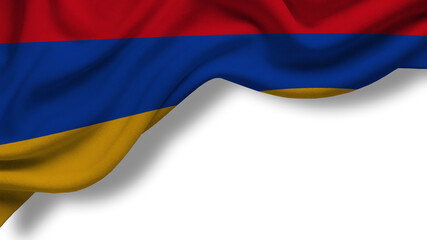 Fototapeta premium The Armenian flag is waving in the air, showing the red, blue, and orange colors. The setting is a cultural event in Armenia during the afternoon.