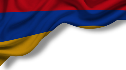 The Armenian flag is waving in the air, showing the red, blue, and orange colors. The setting is a cultural event in Armenia during the afternoon.