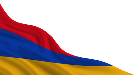 The Armenian flag is waving in the air, showing the red, blue, and orange colors. The setting is a cultural event in Armenia during the afternoon.