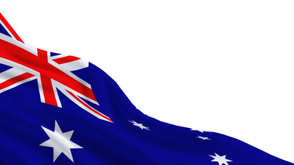 The Australian flag is waving in the wind, showing its blue background and white stars. The flag represents national pride and identity. The scene captures a clear view of the flag.