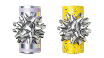 Isolated two decorative wrapping gift bows, silver bows over pastel color boxes for present, Christmas