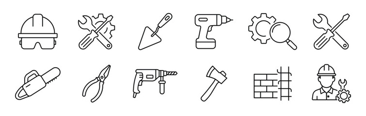 Construction repair icon set. handyman icons, Mechanic tools and symbols including wrench, gear, and male mechanic outline icon, vector illustration . 