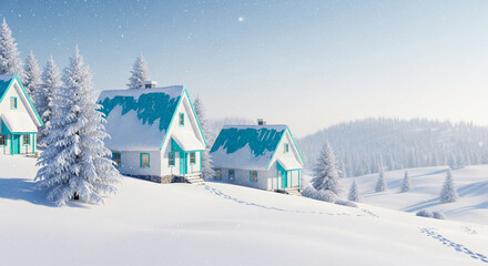 Naklejka premium Snowy village scene featuring houses with teal trim, trees, and falling snow, representing winter, holiday, and idyllic scenery, perfect for seasonal concepts